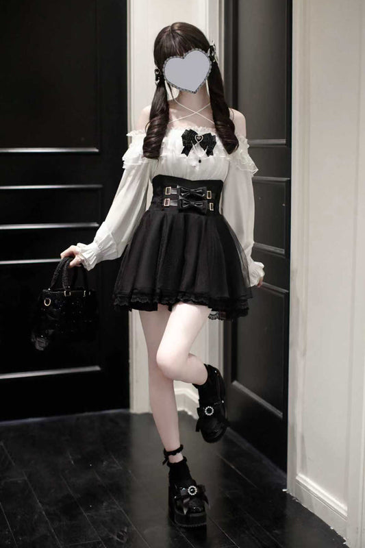 Ruffled Lolita Skirt - Solid Color Bowknot Jirai, Black, Bow Detail, Sweet Style - main product image