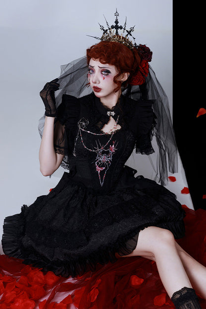 Ruffled Lolita Skirt - Spider Embroidery Bowknot Lace, Black, Gothic Style, Bow Detail - additional product view 2