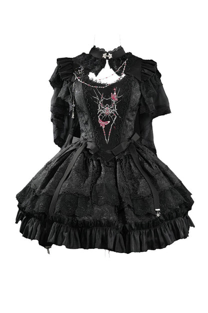 Ruffled Lolita Skirt - Spider Embroidery Bowknot Lace, Black, Gothic Style, Bow Detail - additional product view 3