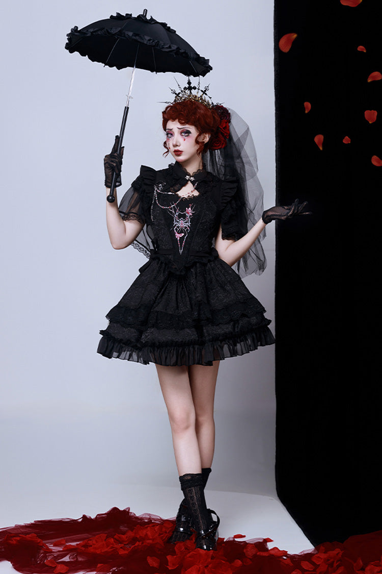 Ruffled Lolita Skirt - Spider Embroidery Bowknot Lace, Black, Gothic Style, Bow Detail - additional product view 7