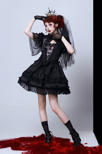 Ruffled Lolita Skirt - Spider Embroidery Bowknot Lace, Black, Gothic Style, Bow Detail - additional product view 8