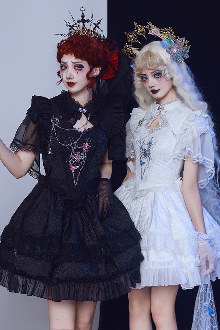 Ruffled Lolita Skirt - Spider Embroidery Bowknot Lace, White, Lace Trim, Embroidered - additional product view 2
