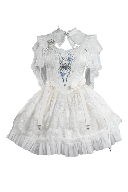 Ruffled Lolita Skirt - Spider Embroidery Bowknot Lace, White, Lace Trim, Embroidered - additional product view 3
