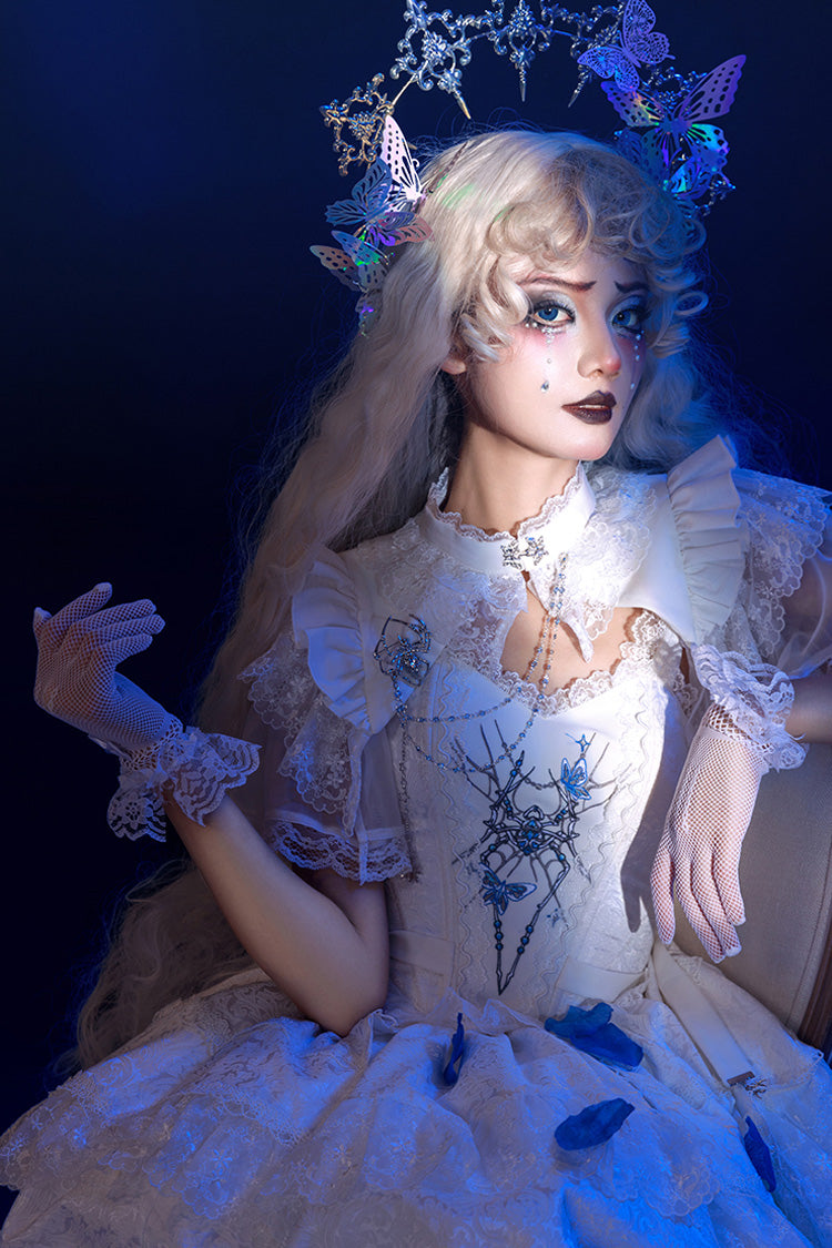 Ruffled Lolita Skirt - Spider Embroidery Bowknot Lace, White, Lace Trim, Embroidered - additional product view 5