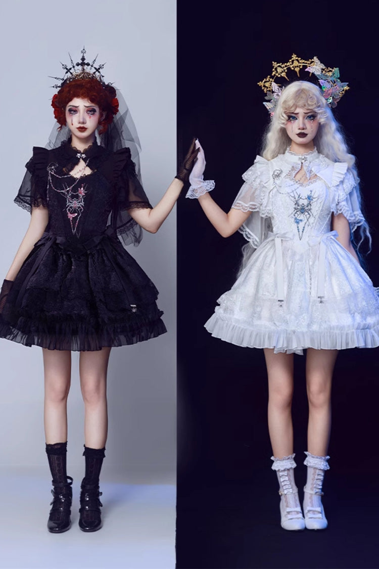 Ruffled Lolita Skirt - Spider Embroidery Bowknot Lace, White, Lace Trim, Embroidered - additional product view 6
