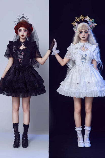 Ruffled Lolita Skirt - Spider Embroidery Bowknot Lace, White, Lace Trim, Embroidered - additional product view 6