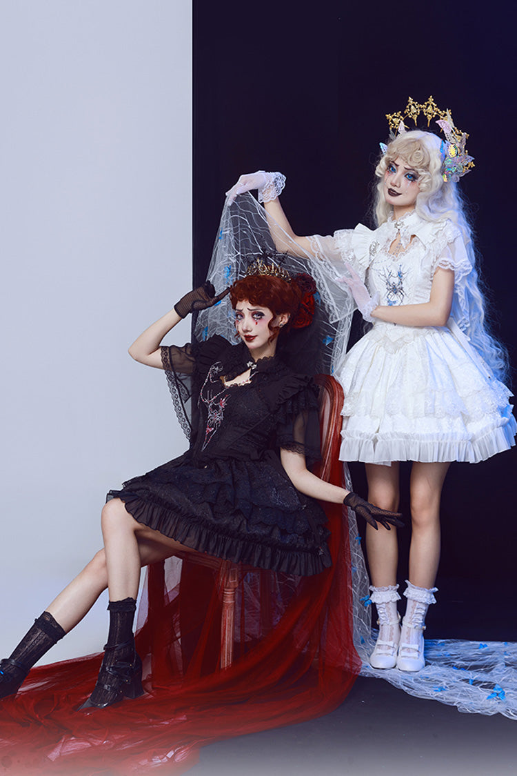 Ruffled Lolita Skirt - Spider Embroidery Bowknot Lace, White, Lace Trim, Embroidered - additional product view 7