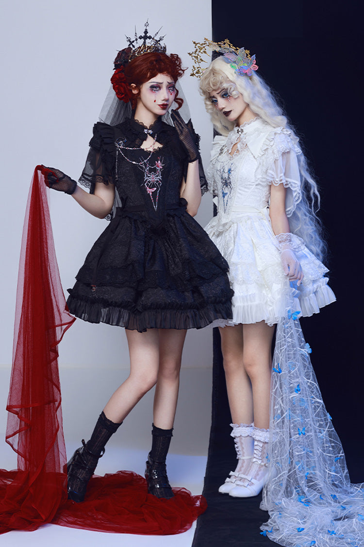 Ruffled Lolita Skirt - Spider Embroidery Bowknot Lace, White, Lace Trim, Embroidered - additional product view 8