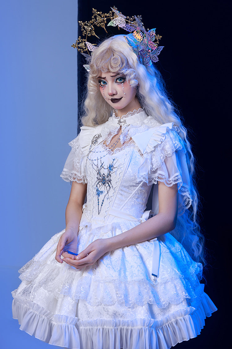 Ruffled Lolita Skirt - Spider Embroidery Bowknot Lace, White, Lace Trim, Embroidered - main product image