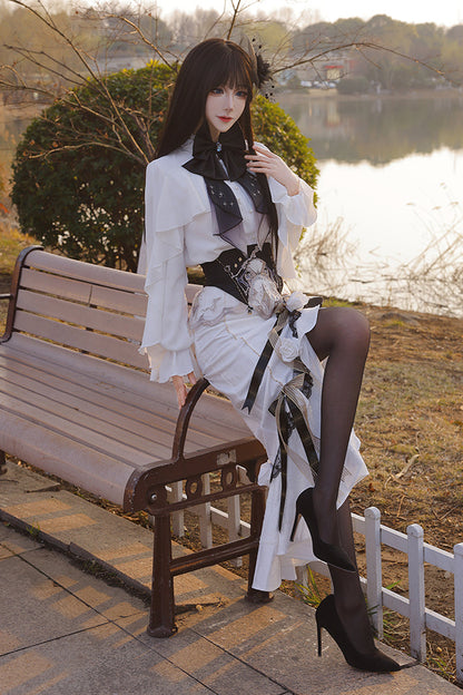Ruffled Lolita Skirt - Star Gate, White, Long Length, Short Length, Bow Detail - additional product view 3