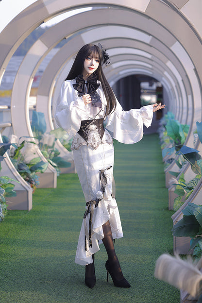 Ruffled Lolita Skirt - Star Gate, White, Long Length, Short Length, Bow Detail - additional product view 4