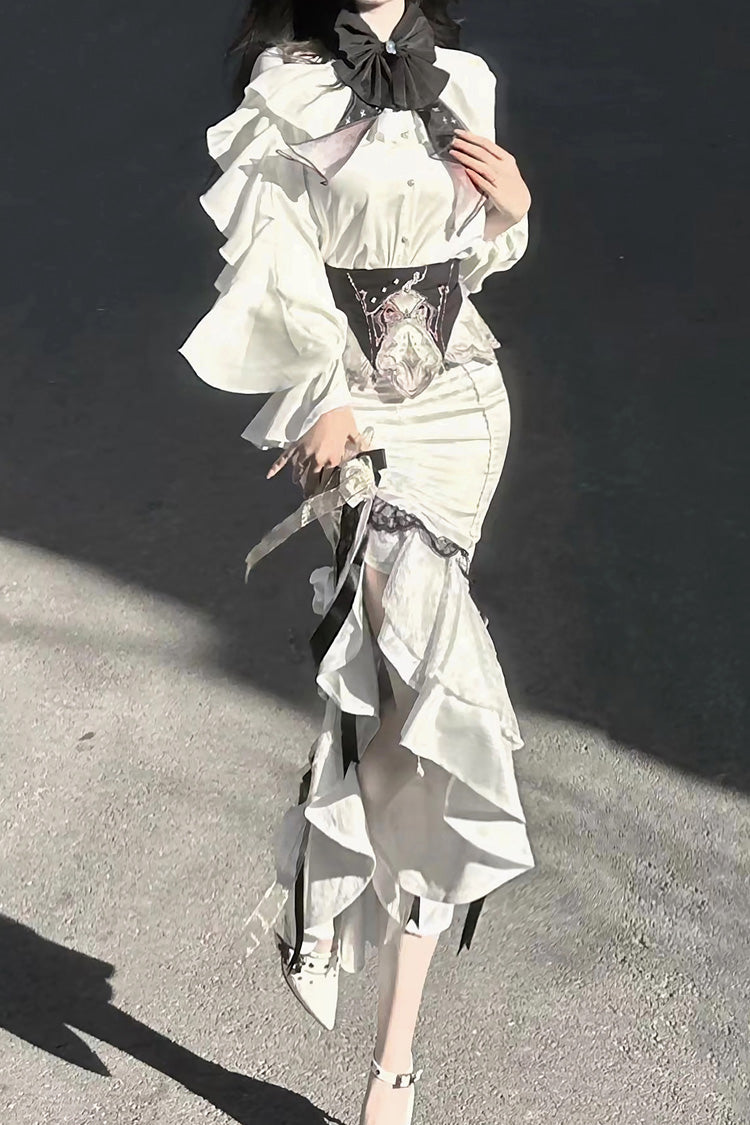 Ruffled Lolita Skirt - Star Gate, White, Long Length, Short Length, Bow Detail - additional product view 12
