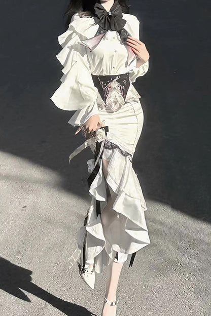 Ruffled Lolita Skirt - Star Gate, White, Long Length, Short Length, Bow Detail - additional product view 12