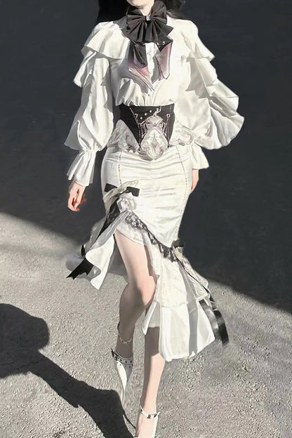 Ruffled Lolita Skirt - Star Gate, White, Long Length, Short Length, Bow Detail - additional product view 15
