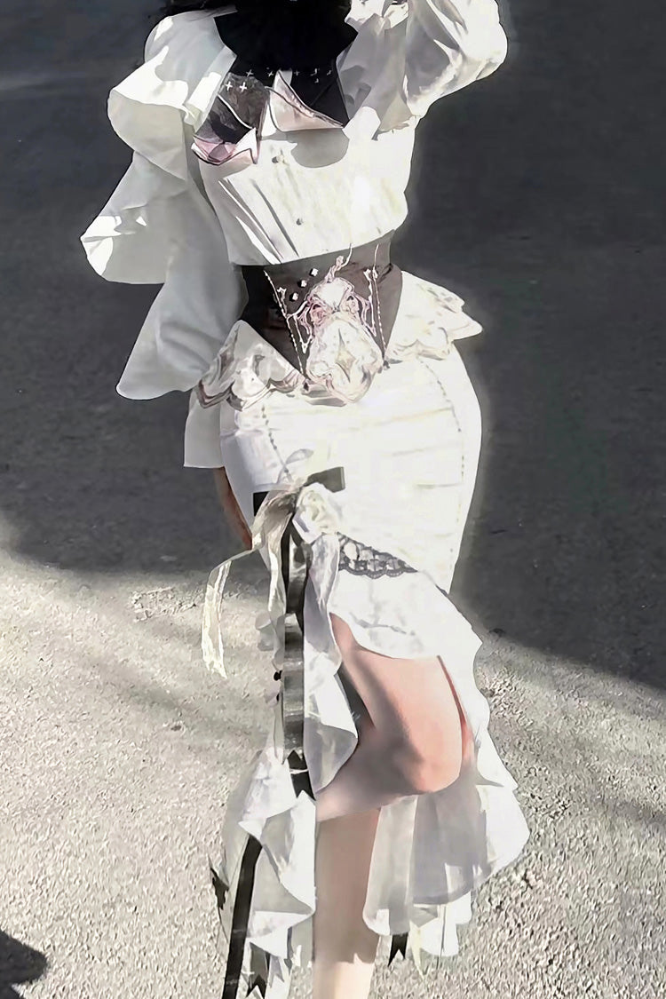 Ruffled Lolita Skirt - Star Gate, White, Long Length, Short Length, Bow Detail - additional product view 16