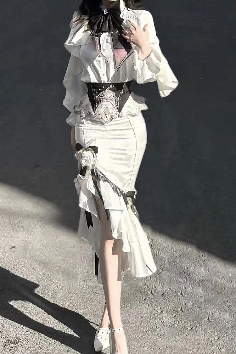 Ruffled Lolita Skirt - Star Gate, White, Long Length, Short Length, Bow Detail - additional product view 17