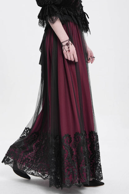 Ruffled Lolita Skirt - Stitching Floral Mesh, Red, Women's Style, Gothic Style - additional product view 3