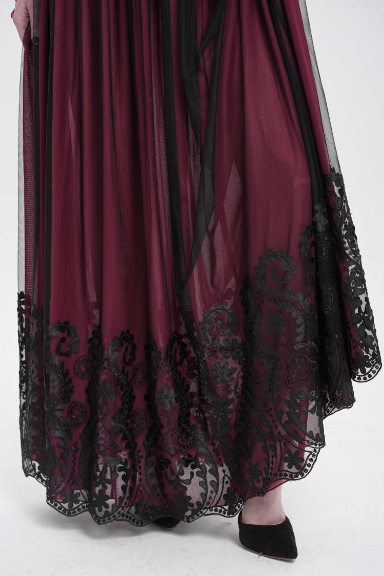 Ruffled Lolita Skirt - Stitching Floral Mesh, Red, Women's Style, Gothic Style - additional product view 4