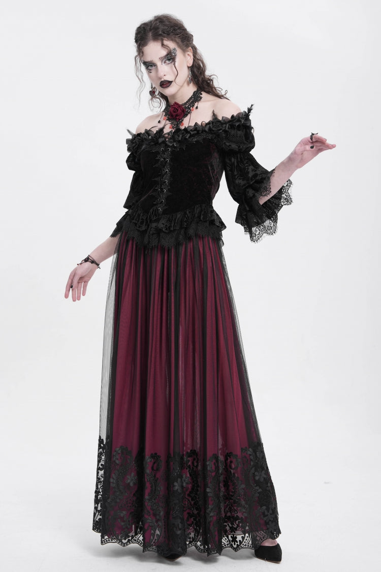Ruffled Lolita Skirt - Stitching Floral Mesh, Red, Women's Style, Gothic Style - additional product view 5