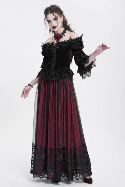 Ruffled Lolita Skirt - Stitching Floral Mesh, Red, Women's Style, Gothic Style - additional product view 5