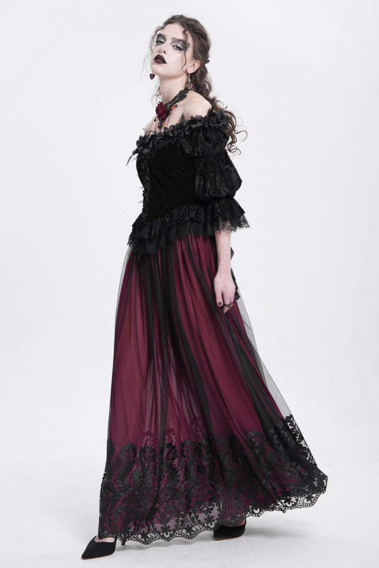 Ruffled Lolita Skirt - Stitching Floral Mesh, Red, Women's Style, Gothic Style - additional product view 6
