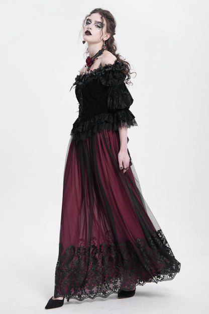 Ruffled Lolita Skirt - Stitching Floral Mesh, Red, Women's Style, Gothic Style - additional product view 6