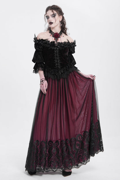 Ruffled Lolita Skirt - Stitching Floral Mesh, Red, Women's Style, Gothic Style - additional product view 7