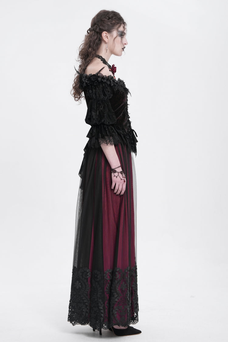 Ruffled Lolita Skirt - Stitching Floral Mesh, Red, Women's Style, Gothic Style - additional product view 9