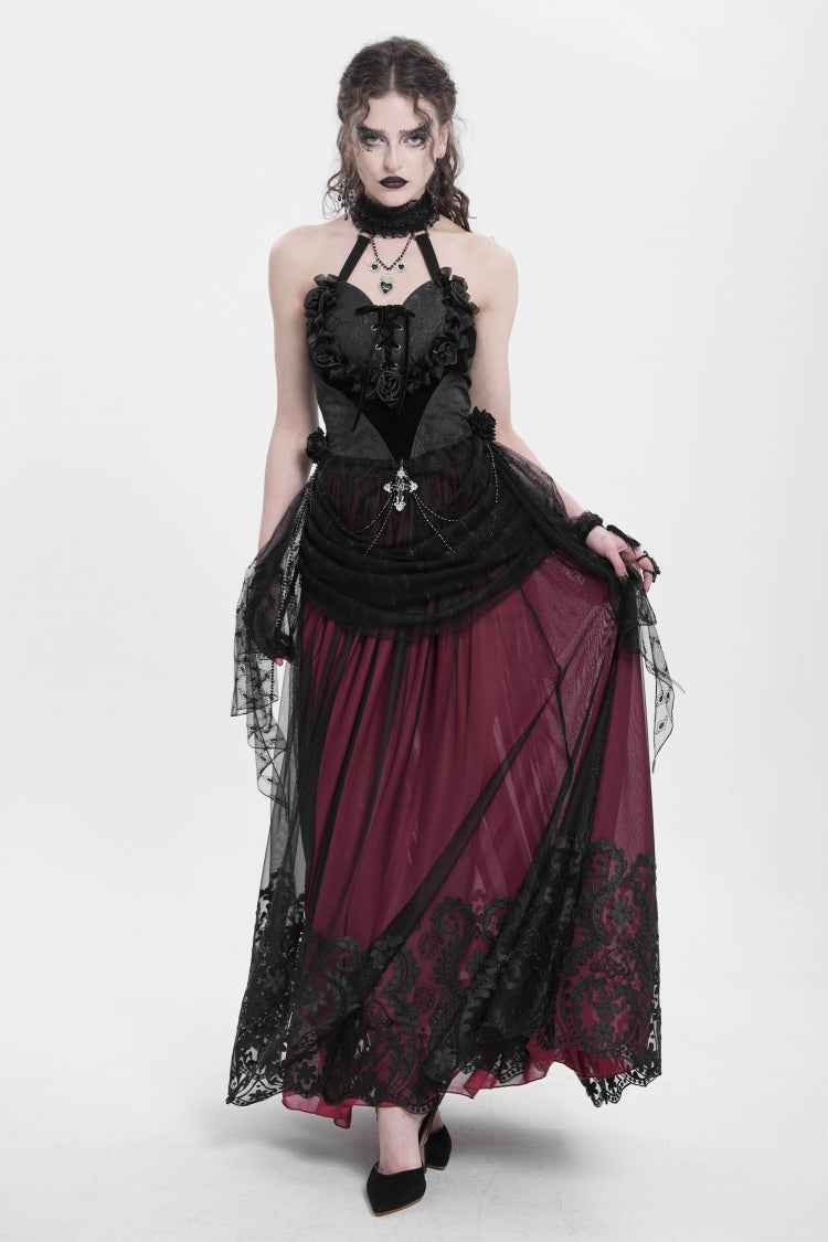 Ruffled Lolita Skirt - Stitching Floral Mesh, Red, Women's Style, Gothic Style - additional product view 10