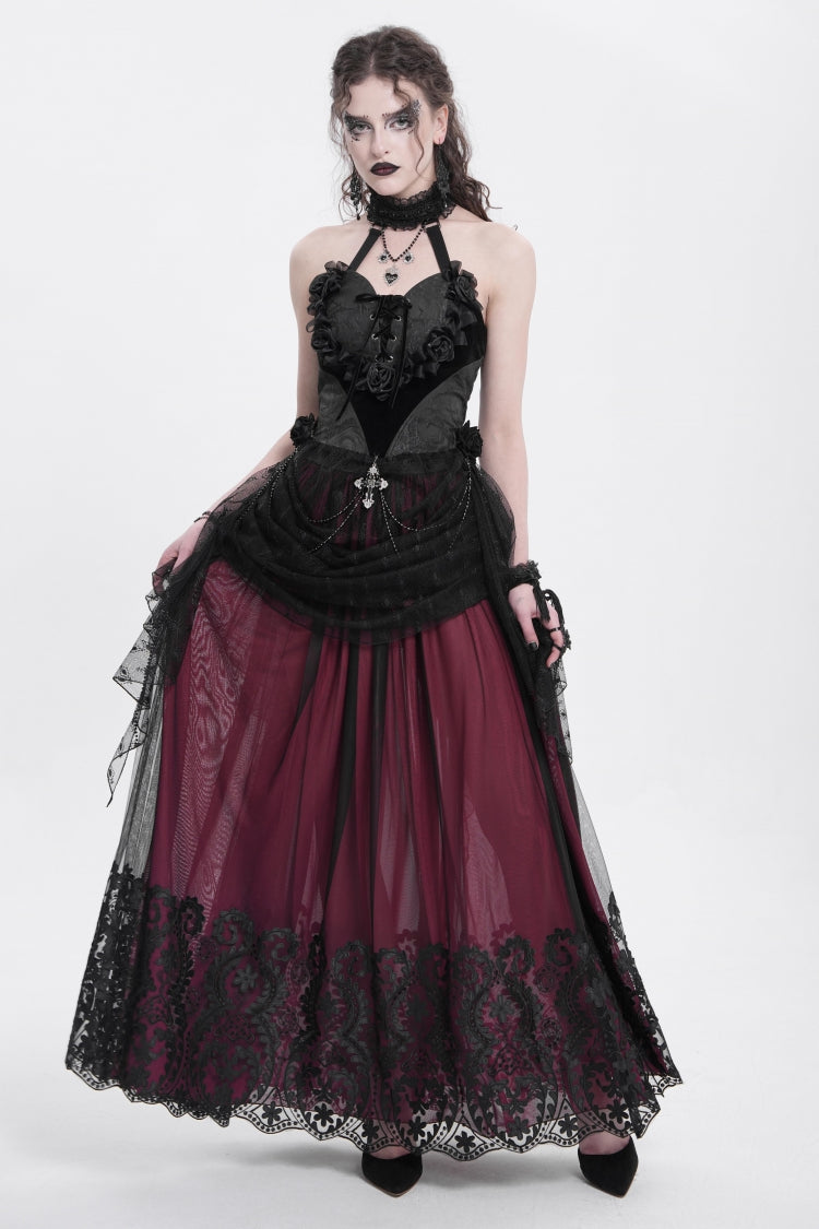 Ruffled Lolita Skirt - Stitching Floral Mesh, Red, Women's Style, Gothic Style - additional product view 11