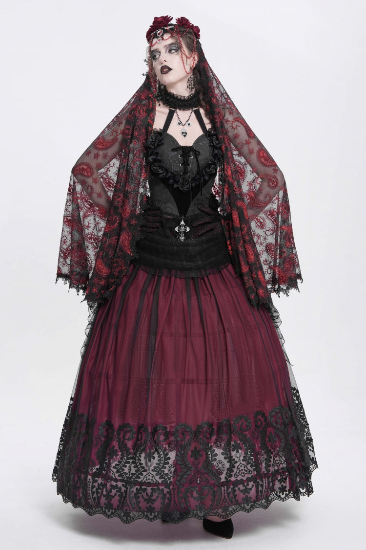 Ruffled Lolita Skirt - Stitching Floral Mesh, Red, Women's Style, Gothic Style - additional product view 12