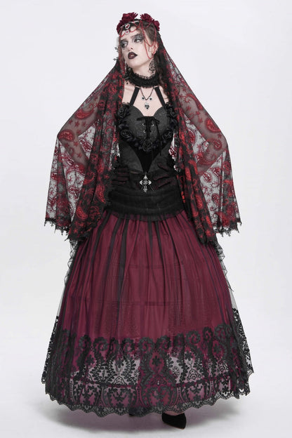 Ruffled Lolita Skirt - Stitching Floral Mesh, Red, Women's Style, Gothic Style - additional product view 12
