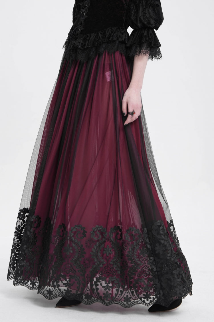 Ruffled Lolita Skirt - Stitching Floral Mesh, Red, Women's Style, Gothic Style - main product image
