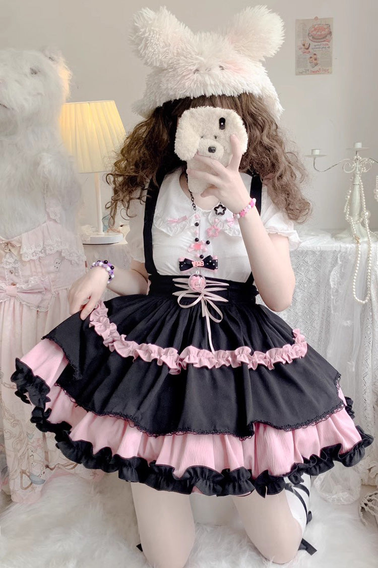 Ruffled Lolita Skirt - Strappy Doll Collar, 7 Colors, Ruffled, Layered, Sweet Style - S Black/Pink / M Black/Pink / L Black/Pink option