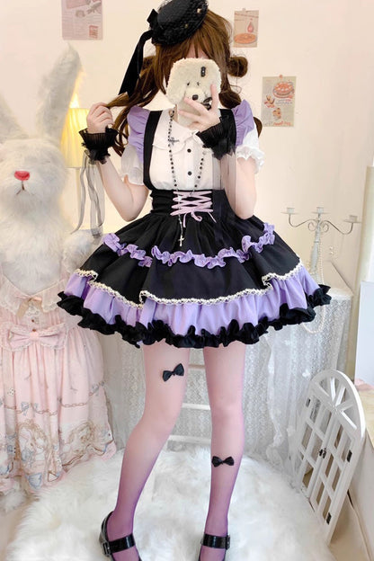 Ruffled Lolita Skirt - Strappy Doll Collar, 7 Colors, Ruffled, Layered, Sweet Style - S Black/Purple / M Black/Purple / L Black/Purple option