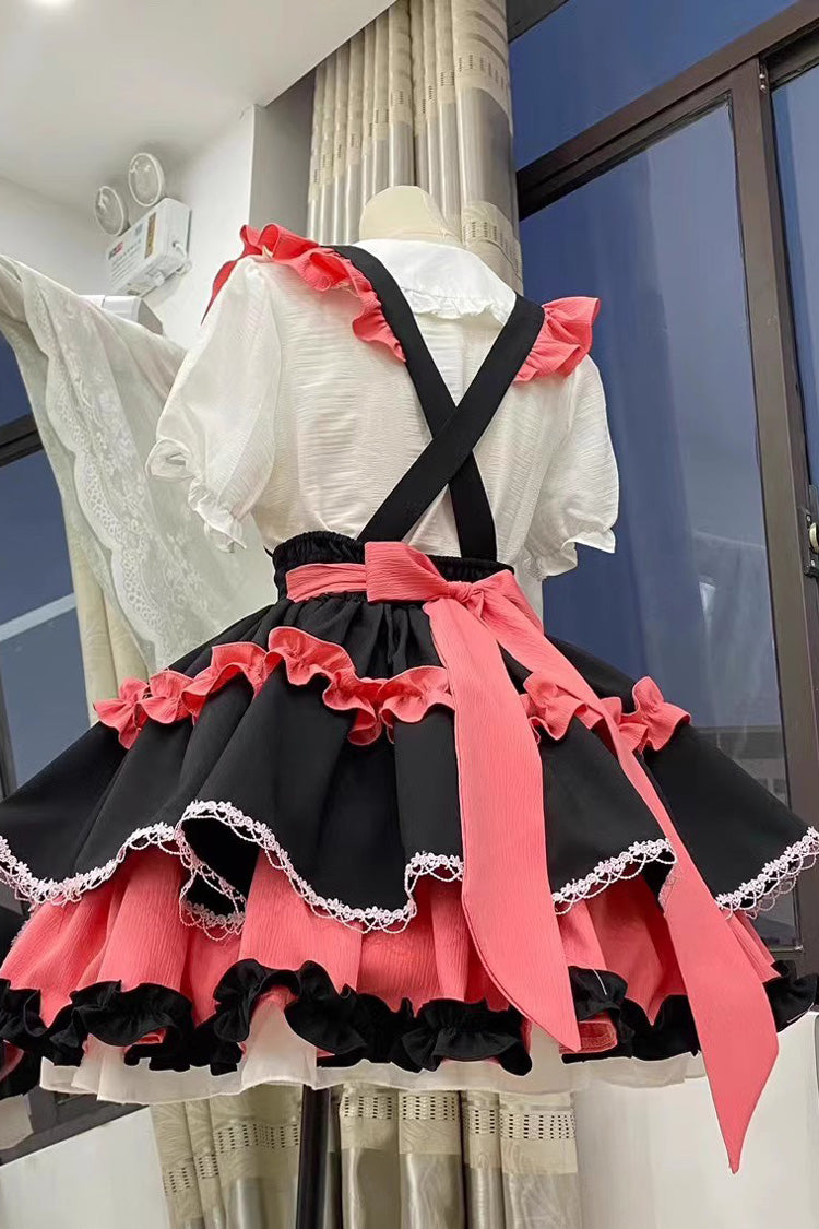 Ruffled Lolita Skirt - Strappy Doll Collar, 7 Colors, Ruffled, Layered, Sweet Style - S Black/Red / M Black/Red / L Black/Red option