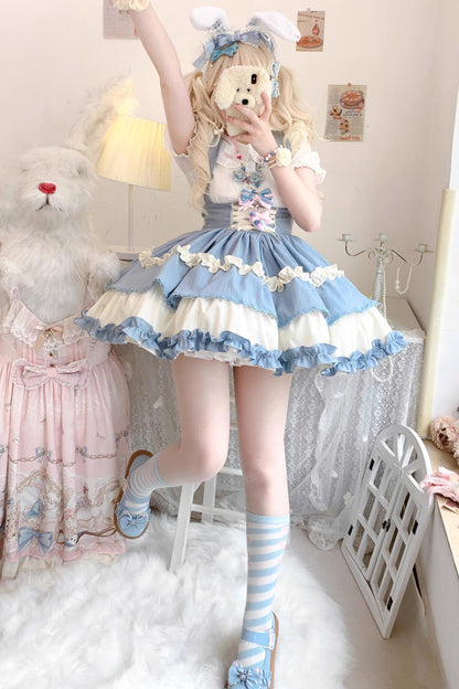 Ruffled Lolita Skirt - Strappy Doll Collar, 7 Colors, Ruffled, Layered, Sweet Style - S Blue/White / M Blue/White / L Blue/White option