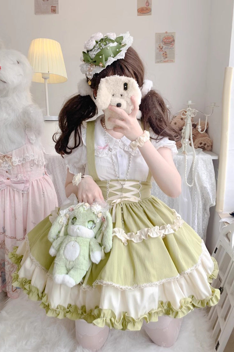 Ruffled Lolita Skirt - Strappy Doll Collar, 7 Colors, Ruffled, Layered, Sweet Style - S Green/White / M Green/White / L Green/White option
