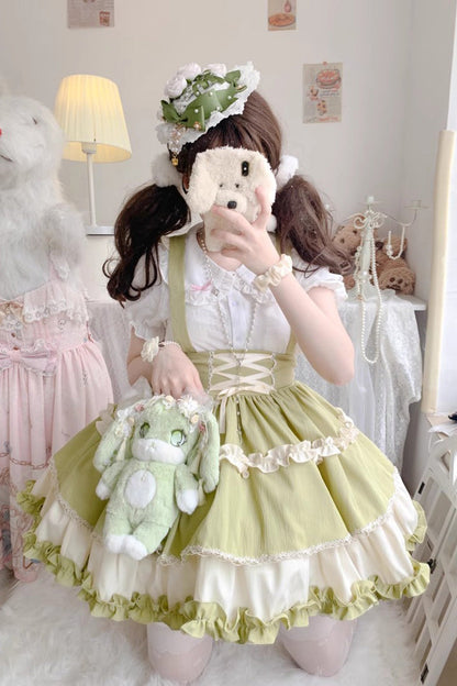 Ruffled Lolita Skirt - Strappy Doll Collar, 7 Colors, Ruffled, Layered, Sweet Style - S Green/White / M Green/White / L Green/White option