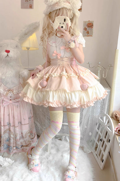 Ruffled Lolita Skirt - Strappy Doll Collar, 7 Colors, Ruffled, Layered, Sweet Style - S Pink/White / M Pink/White / L Pink/White option