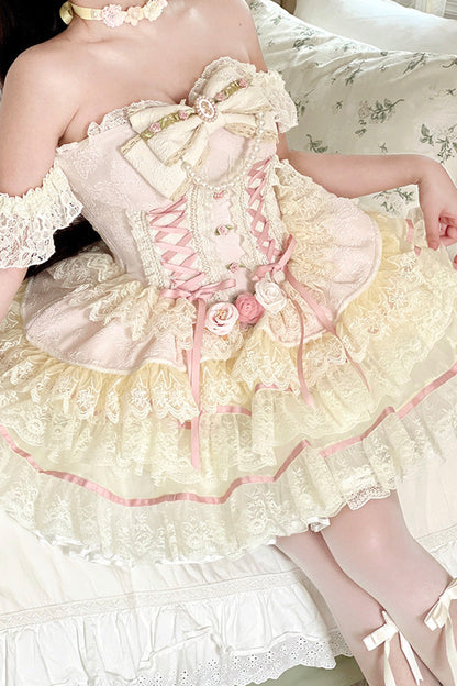Ruffled Lolita Skirt - Sweet Tea Rose Dew, Pink, Ruffled, Layered, Sweet Style - additional product view 4