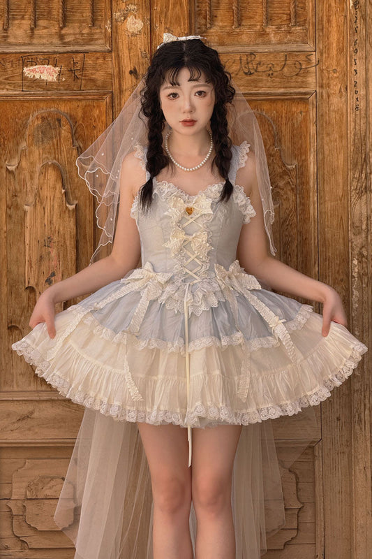 Ruffled Lolita Skirt - Sweetheart Splolita, Blue, Lace Trim, Ruffled, Lace-Up - main product image