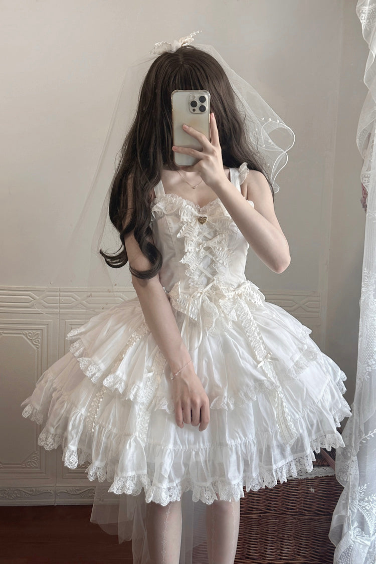 Ruffled Lolita Skirt - Sweetheart Splolita, White, Bow Detail, Lace Trim, Ruffled - additional product view 2