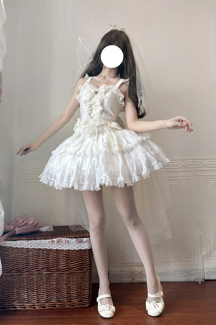 Ruffled Lolita Skirt - Sweetheart Splolita, White, Bow Detail, Lace Trim, Ruffled - additional product view 4
