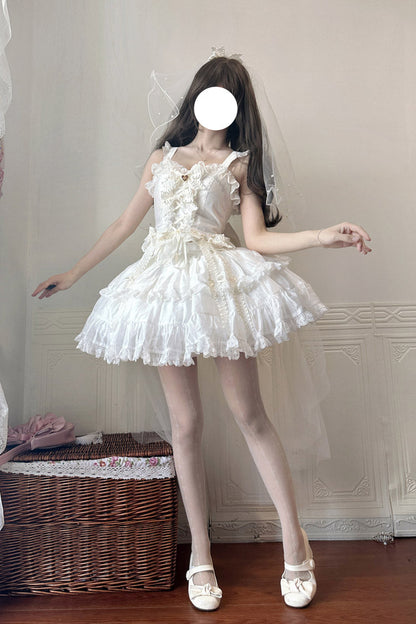 Ruffled Lolita Skirt - Sweetheart Splolita, White, Bow Detail, Lace Trim, Ruffled - additional product view 4