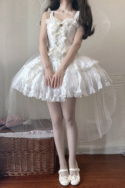Ruffled Lolita Skirt - Sweetheart Splolita, White, Bow Detail, Lace Trim, Ruffled - additional product view 6