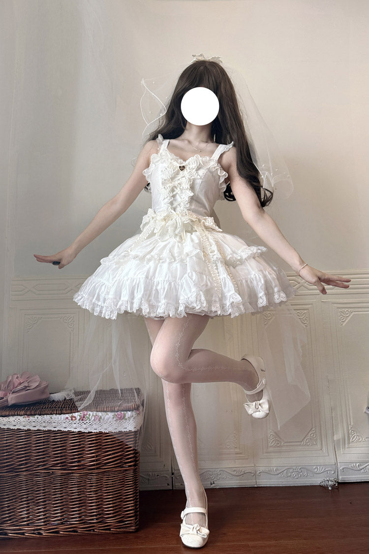 Ruffled Lolita Skirt - Sweetheart Splolita, White, Bow Detail, Lace Trim, Ruffled - additional product view 7