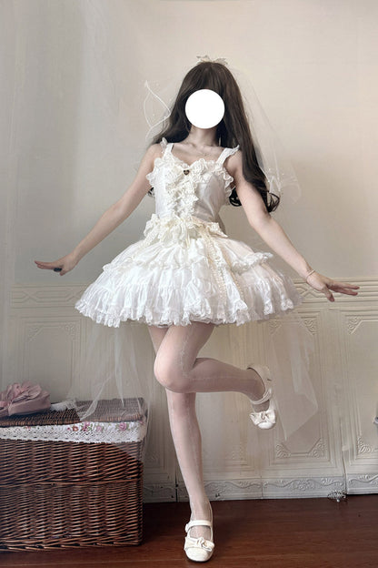 Ruffled Lolita Skirt - Sweetheart Splolita, White, Bow Detail, Lace Trim, Ruffled - additional product view 7