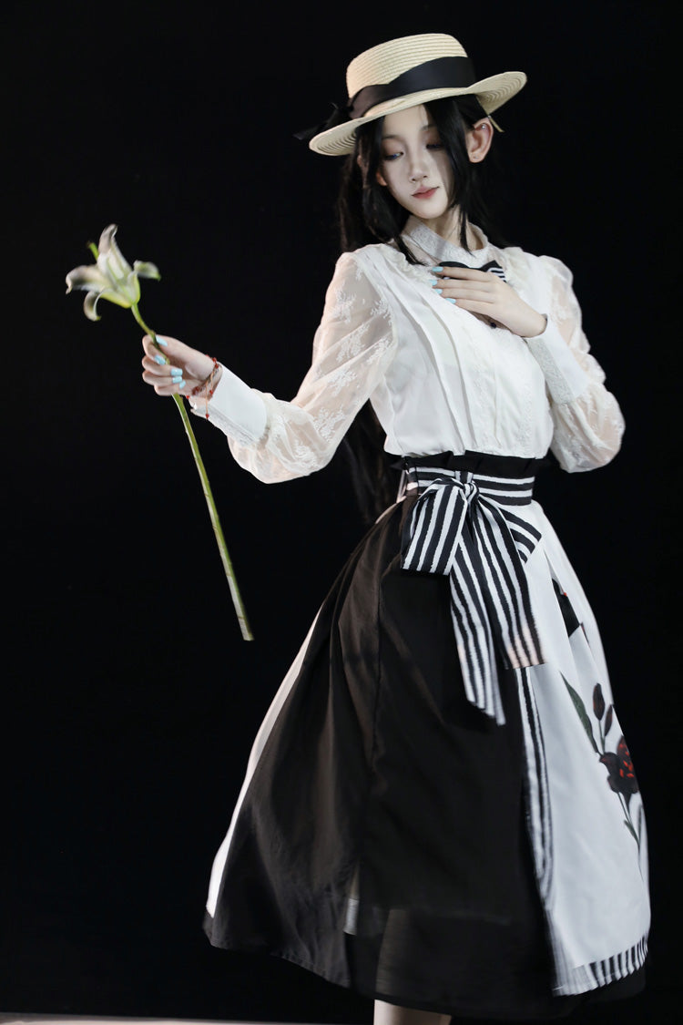 Ruffled Lolita Skirt - White/black Lily Printed, 2 Colors, Embroidered, Gothic Style - additional product view 3