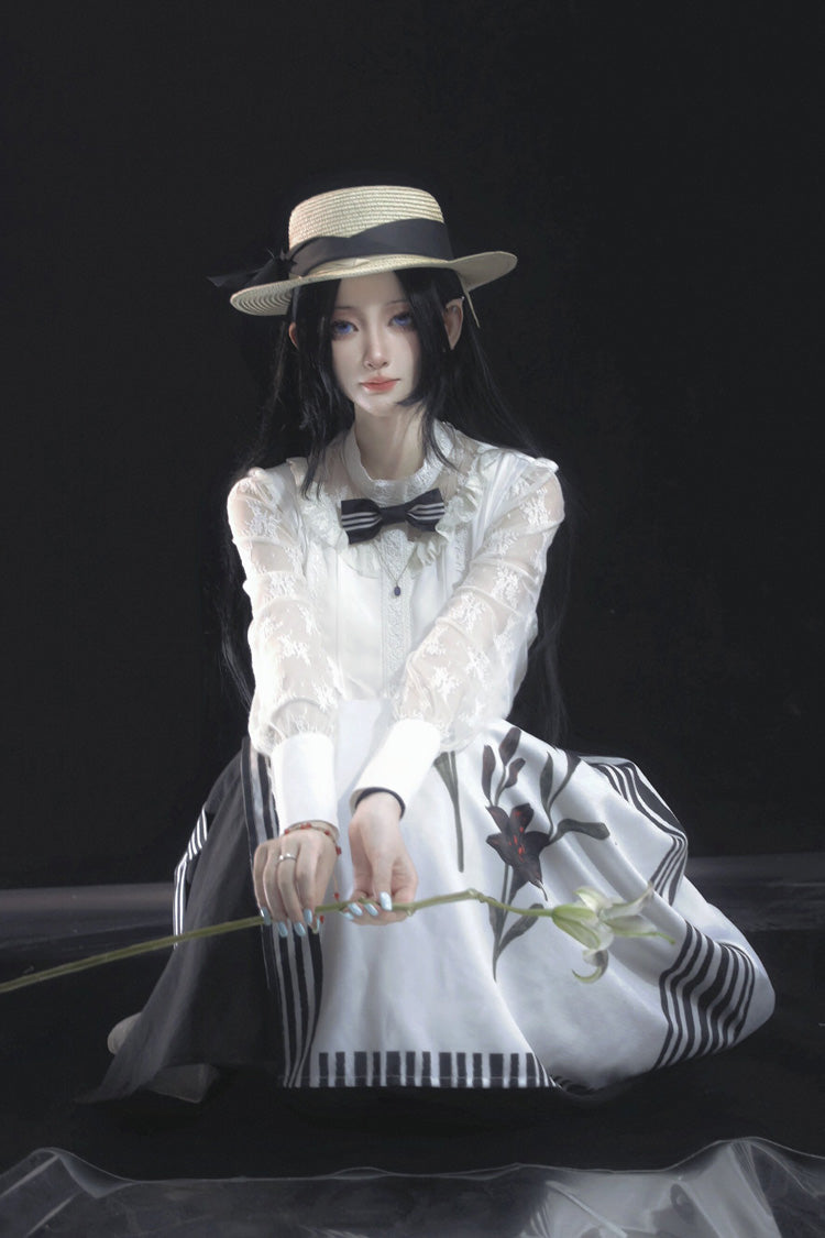 Ruffled Lolita Skirt - White/black Lily Printed, 2 Colors, Embroidered, Gothic Style - additional product view 4